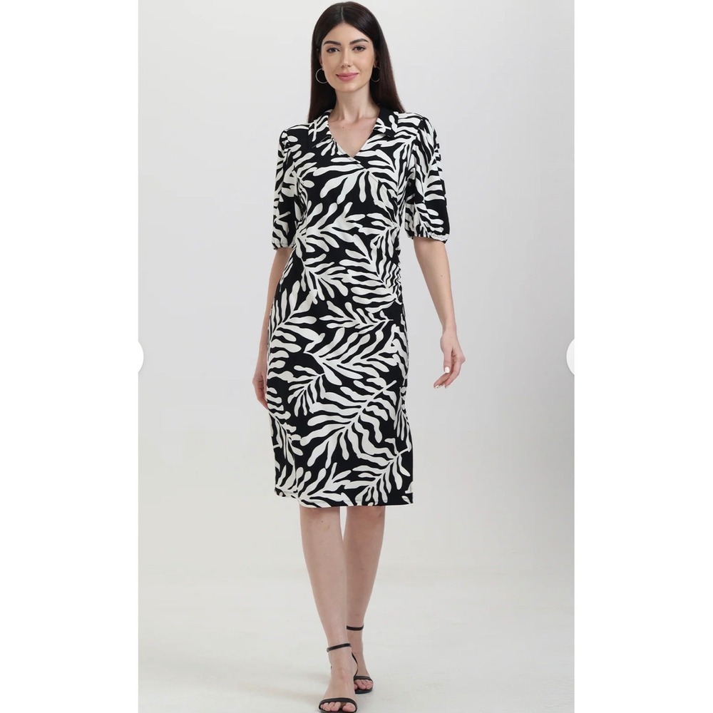 89th + Madison Women Tropical Leaf Print Wrap Midi Dress Egret Black BD4DR2018MA